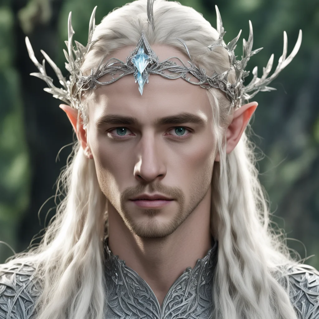 king thranduil with blond hair and braids wearing silver leafy vines encrusted with diamonds forming a silver elvish circlet with large center diamond  good looking trending fantastic 1