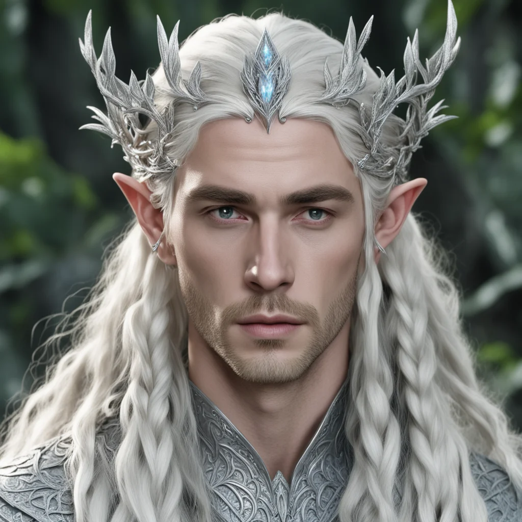 king thranduil with blond hair and braids wearing silver leafy vines encrusted with diamonds forming a silver elvish circlet with large center diamond 