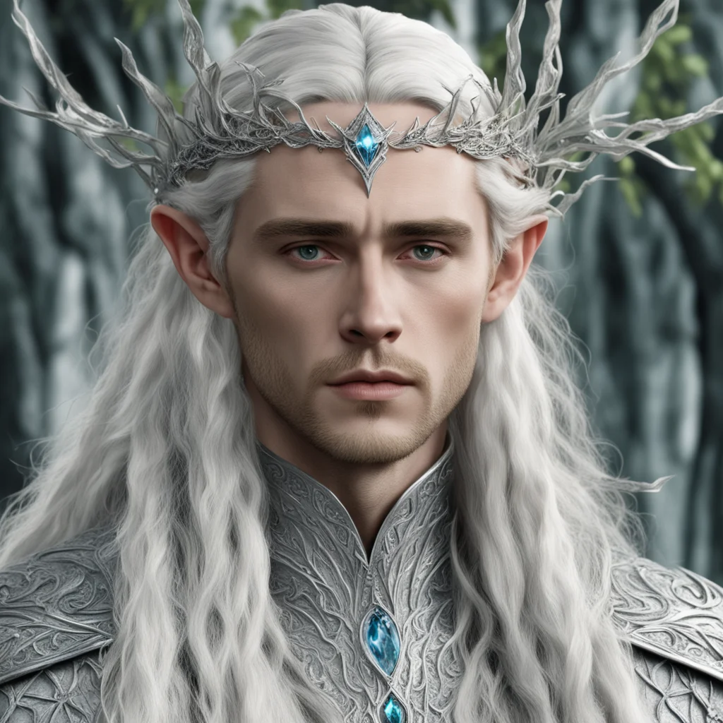 king thranduil with blond hair and braids wearing silver leafy vines encrusted with diamonds forming a silver elvish circlet with large center diamond amazing awesome portrait 2