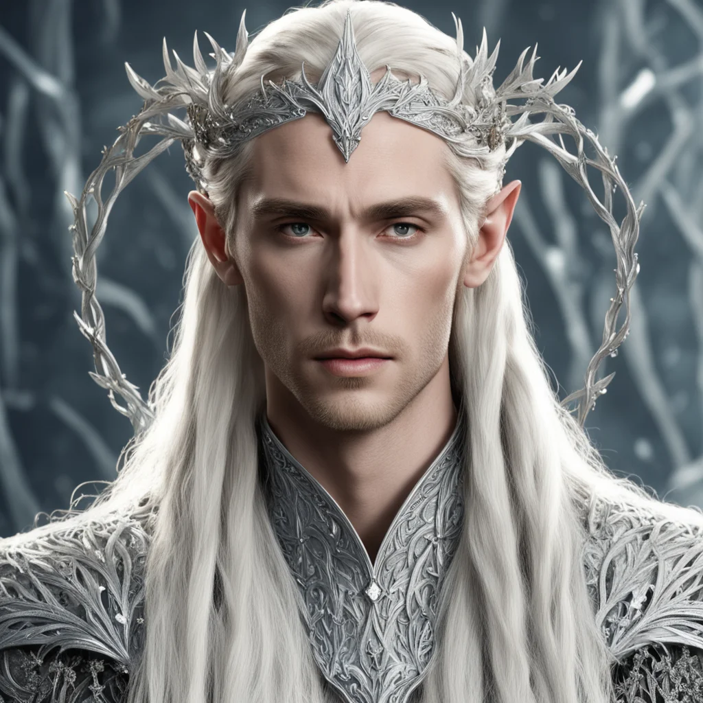 king thranduil with blond hair and braids wearing silver leafy vines encrusted with diamonds forming a silver elvish circlet with large center diamond confident engaging wow artstation art 3