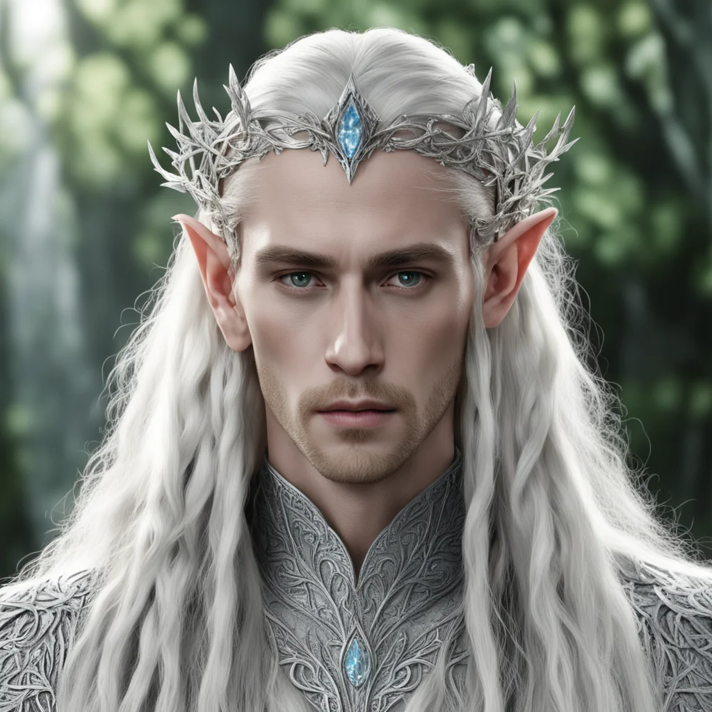 king thranduil with blond hair and braids wearing silver leafy vines encrusted with diamonds intertwined to form a small silver elvish circlet with large center diamond 