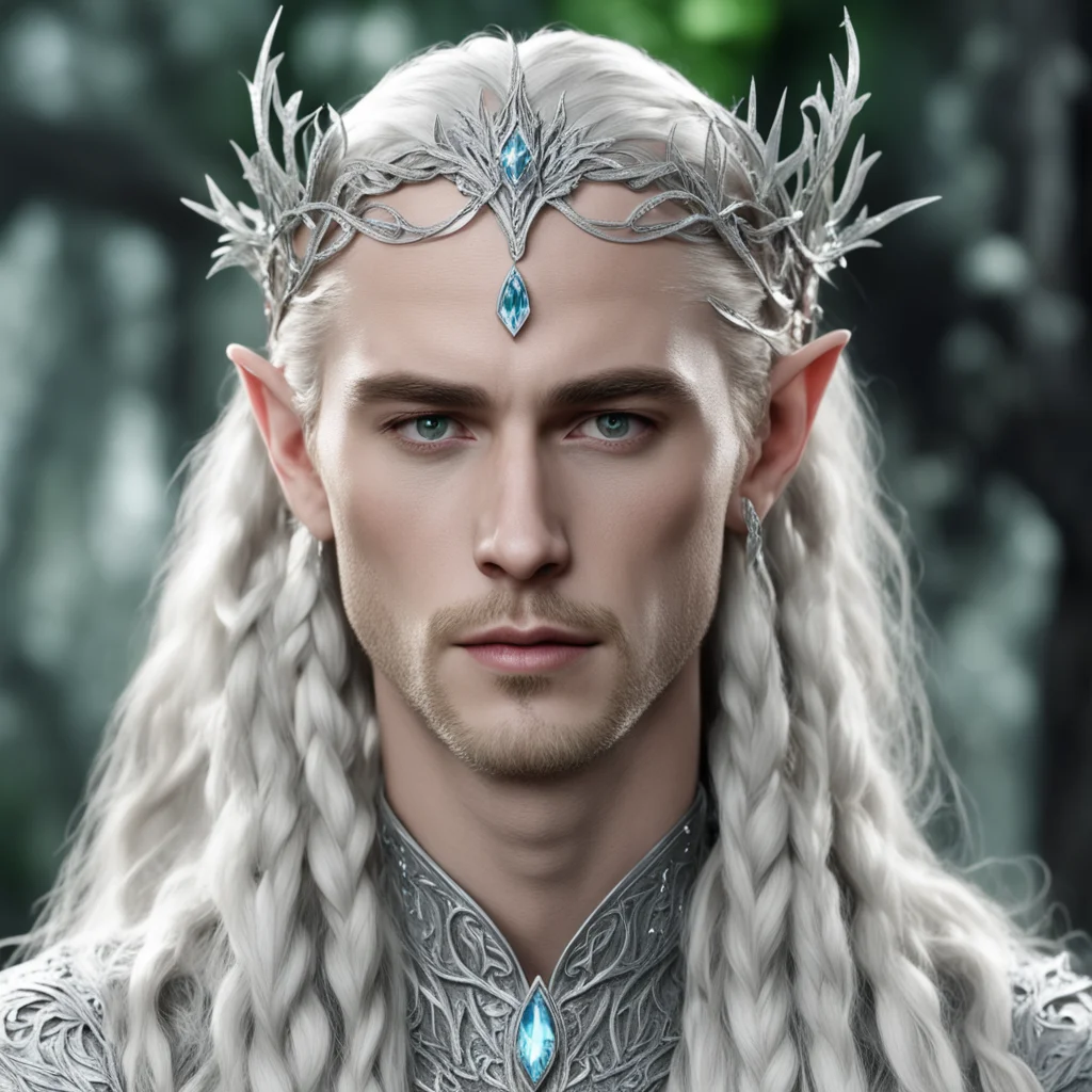 king thranduil with blond hair and braids wearing silver leafy vines intertwined and encrusted with diamonds to form a silver elvish circlet with large center diamond amazing awesome portrait 2