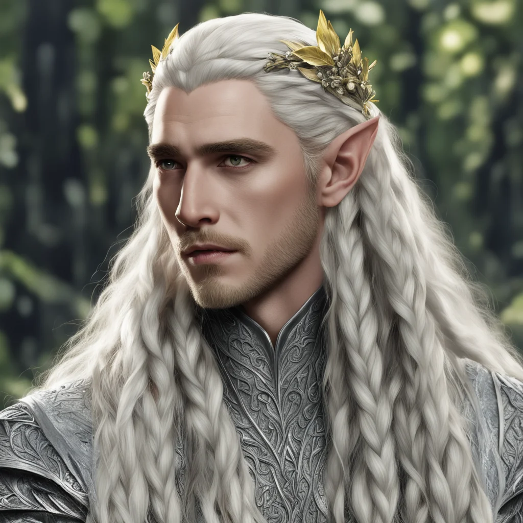 king thranduil with blond hair and braids wearing silver leaves and diamond berries in the hair amazing awesome portrait 2