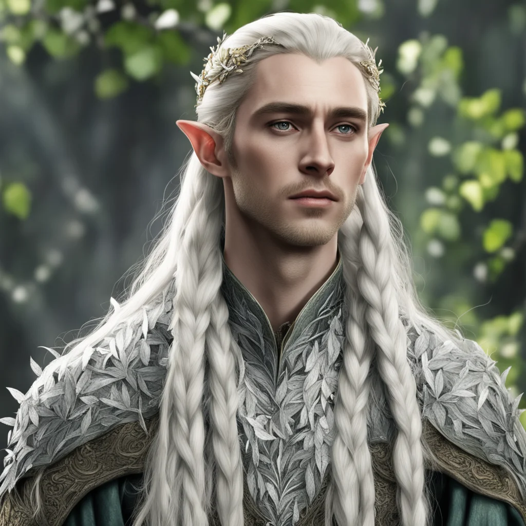 king thranduil with blond hair and braids wearing silver leaves and diamond berries in the hair