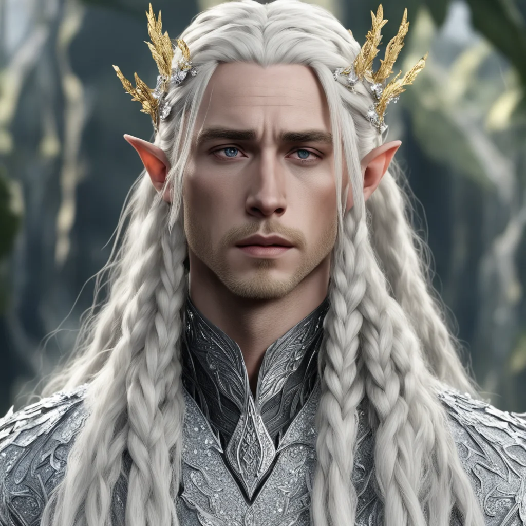 king thranduil with blond hair and braids wearing silver leaves encrusted with diamonds with large diamond clusters with large center diamond confident engaging wow artstation art 3