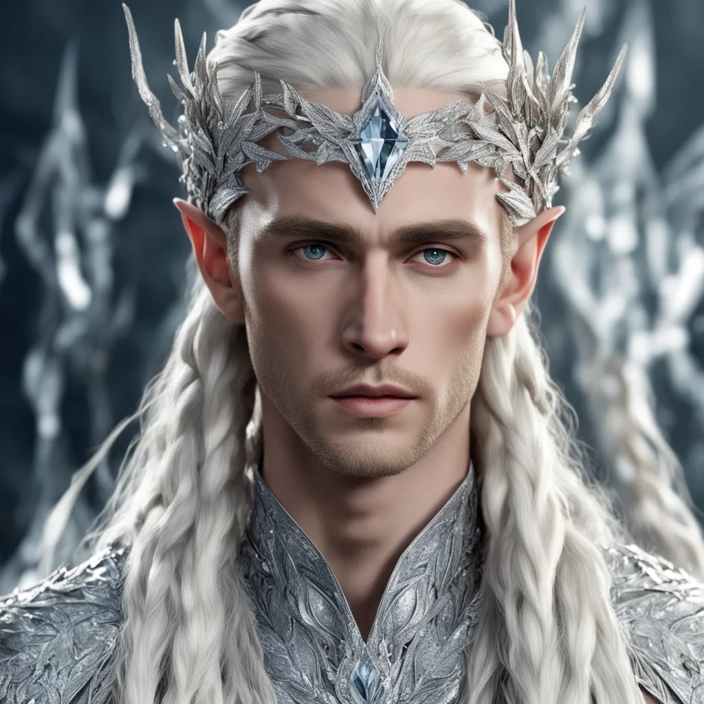 king thranduil with blond hair and braids wearing silver leaves encrusted with diamonds with large diamond clusters with large center diamond good looking trending fantastic 1