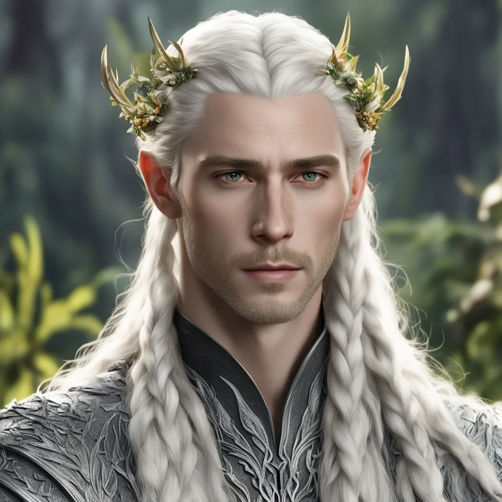 king thranduil with blond hair and braids wearing silver leaves with diamond berries in hair amazing awesome portrait 2