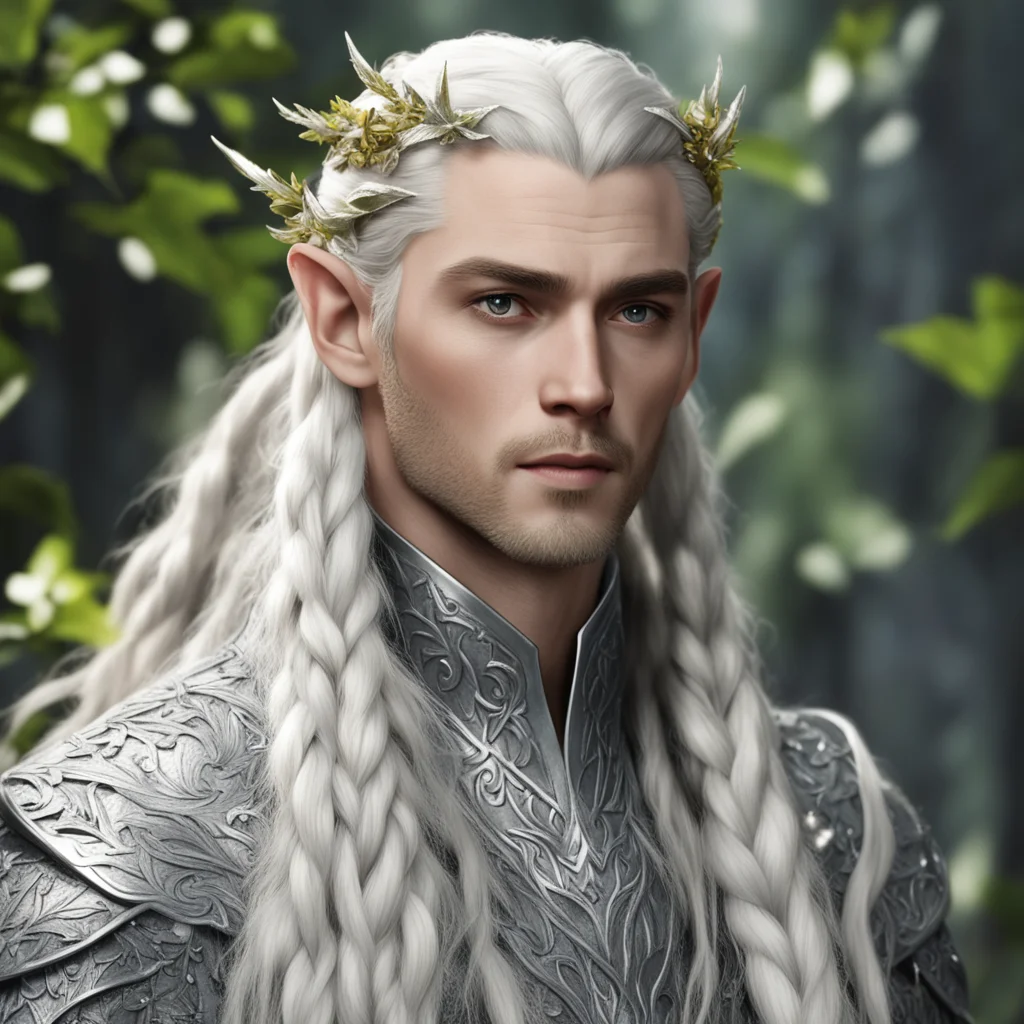 king thranduil with blond hair and braids wearing silver leaves with diamond berries in hair confident engaging wow artstation art 3
