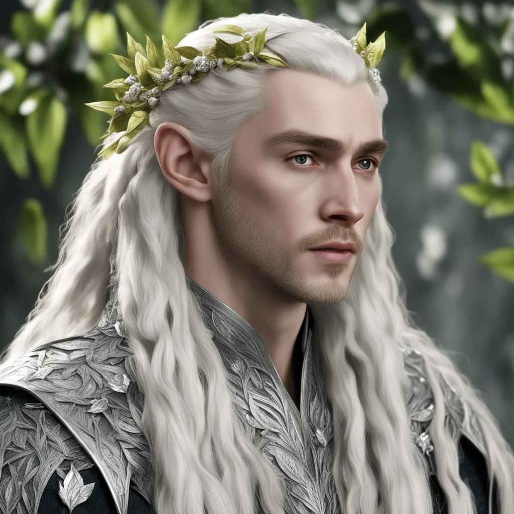 king thranduil with blond hair and braids wearing silver leaves with diamond berries in hair good looking trending fantastic 1