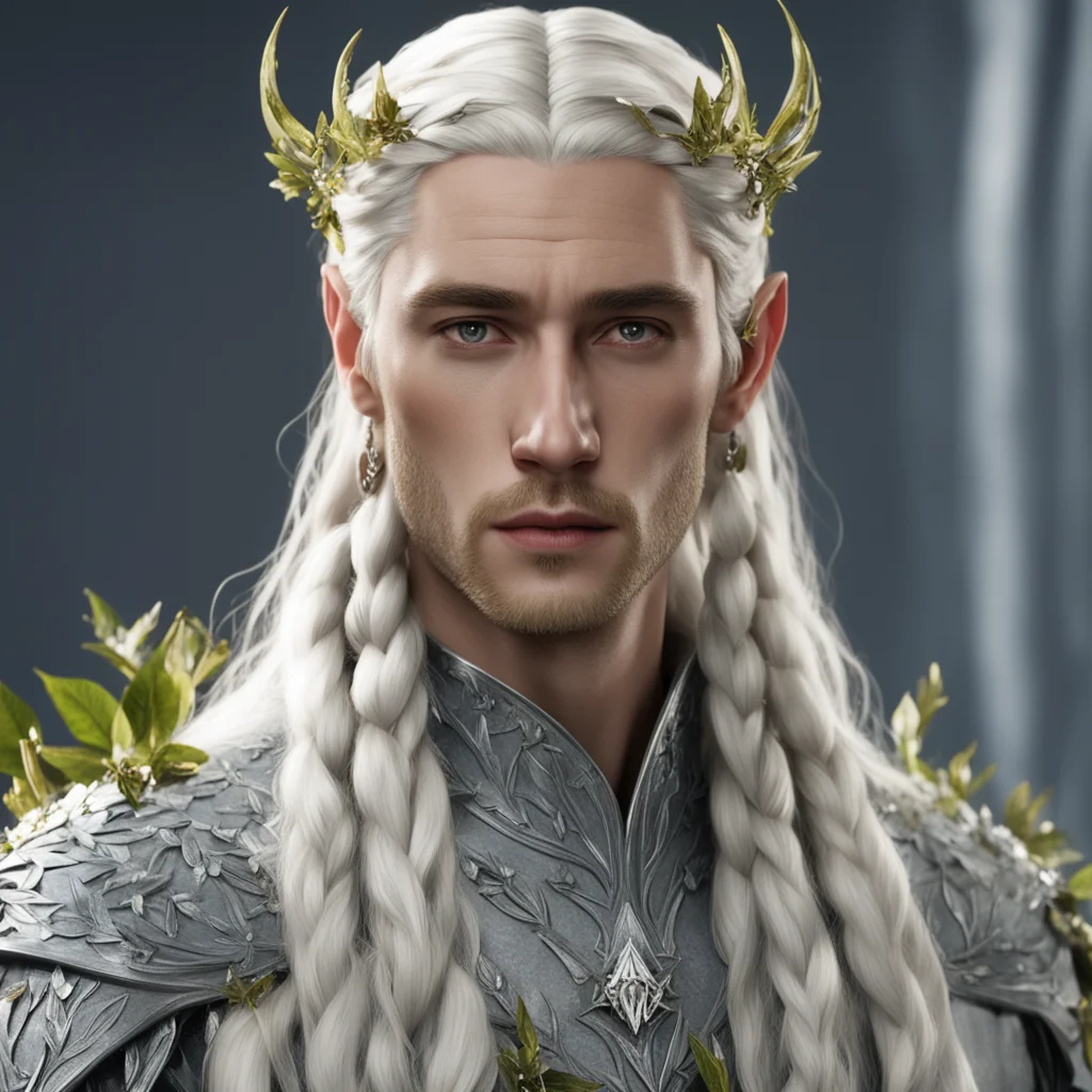 king thranduil with blond hair and braids wearing silver leaves with diamond berries in hair