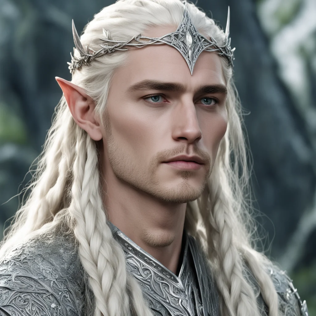 king thranduil with blond hair and braids wearing silver lily silver elvish circlet and encrusted with diamonds with large center diamond  amazing awesome portrait 2