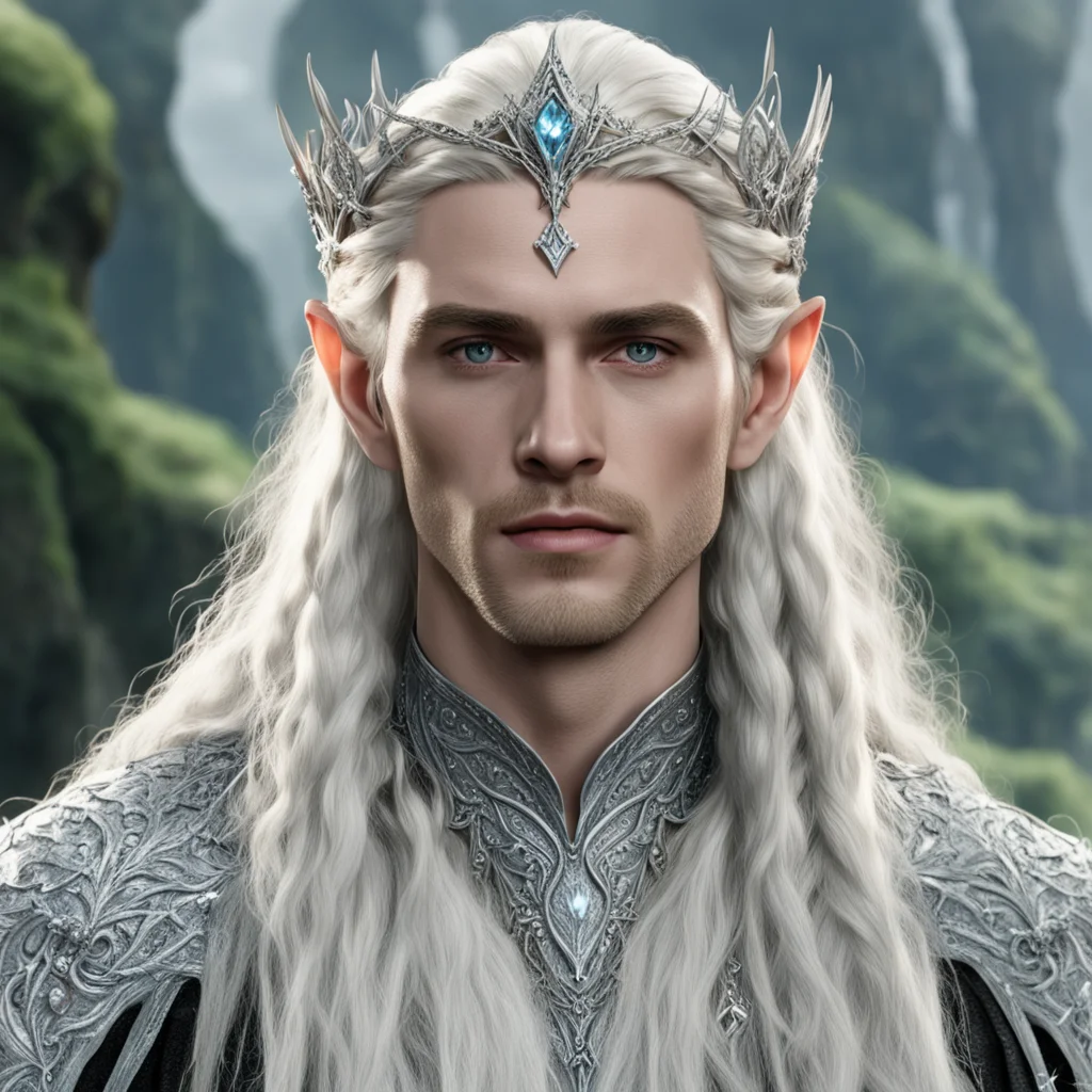 king thranduil with blond hair and braids wearing silver lily silver elvish circlet and encrusted with diamonds with large center diamond  confident engaging wow artstation art 3