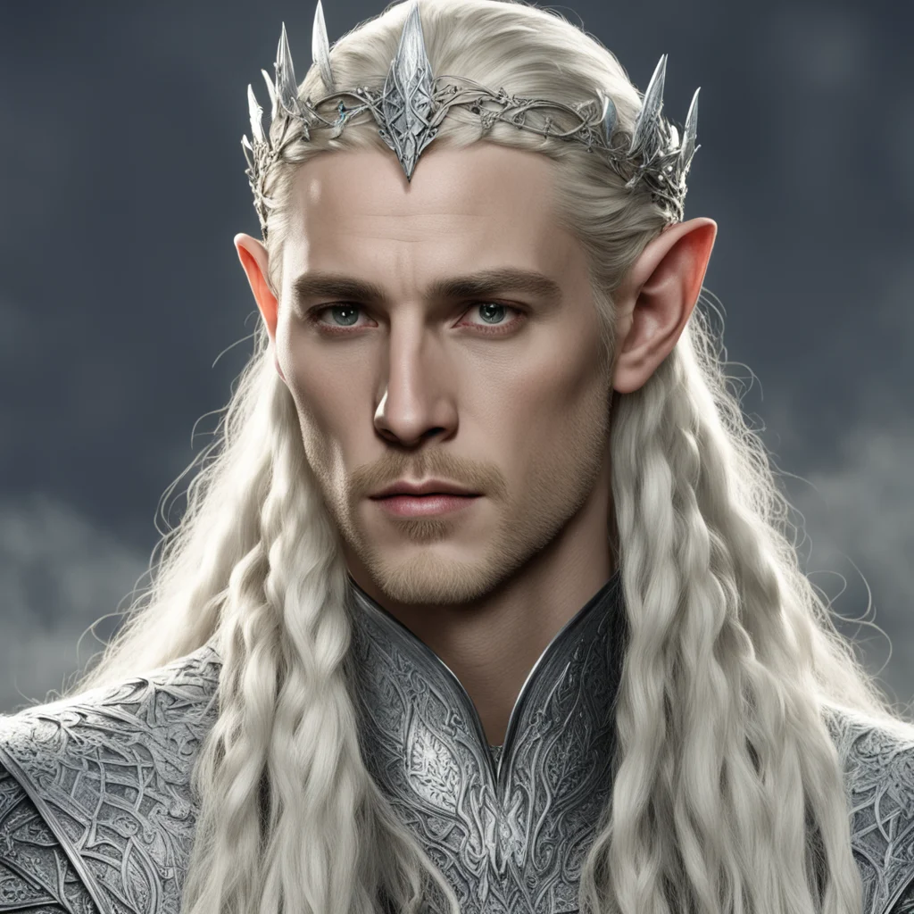 king thranduil with blond hair and braids wearing silver lily silver elvish circlet and encrusted with diamonds with large center diamond  good looking trending fantastic 1
