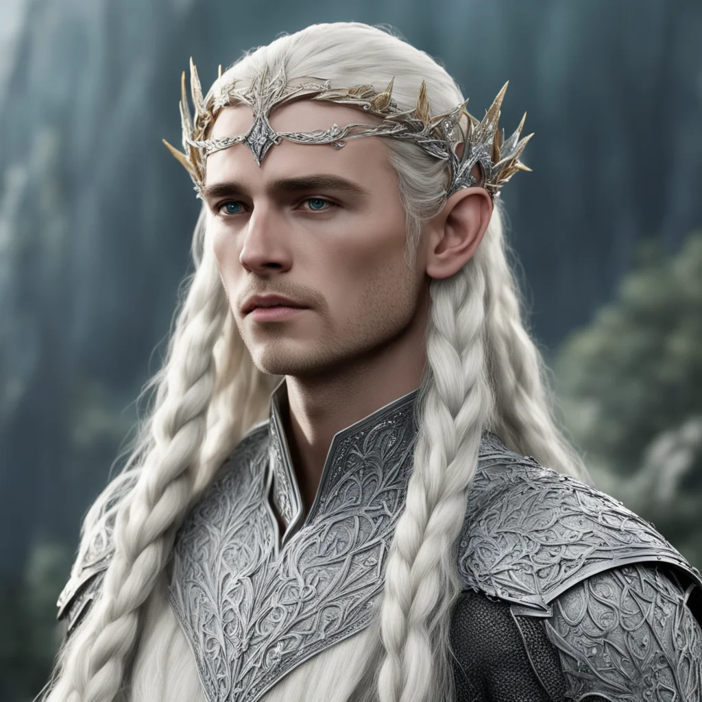 king thranduil with blond hair and braids wearing silver lily silver elvish circlet and encrusted with diamonds with large center diamond 