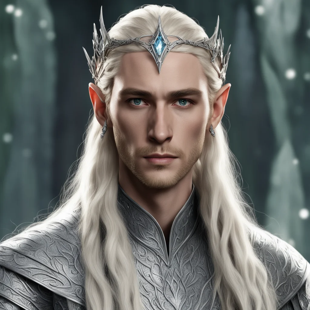 aiking thranduil with blond hair and braids wearing silver mallorn leaf and large diamond elvish circlet with center diamond amazing awesome portrait 2