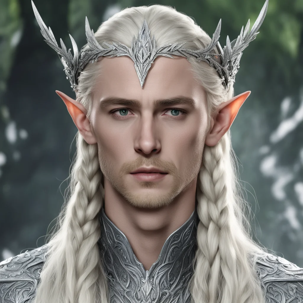 king thranduil with blond hair and braids wearing silver mallorn leaf elvish circlet encrusted with diamonds with diamond in the center amazing awesome portrait 2