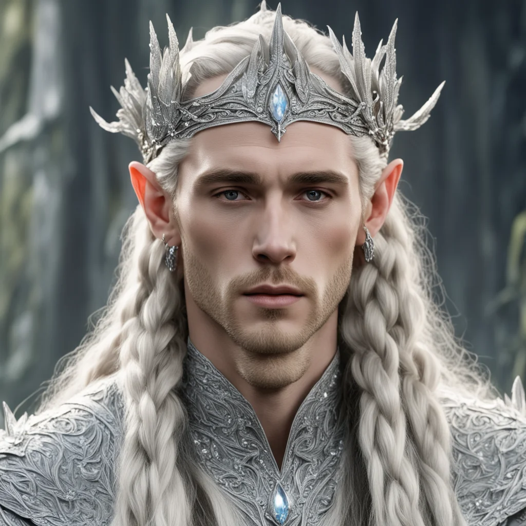 king thranduil with blond hair and braids wearing silver mallorn leaf elvish circlet heavily encrusted with diamonds with large silver mallorn leaf at center cover with large diamonds