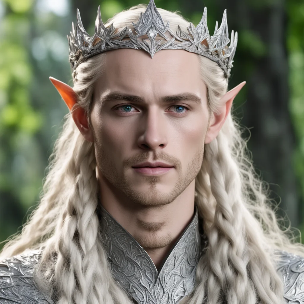 king thranduil with blond hair and braids wearing silver maple leave elvish circlet encrusted with diamonds with large center cluster of diamonds confident engaging wow artstation art 3