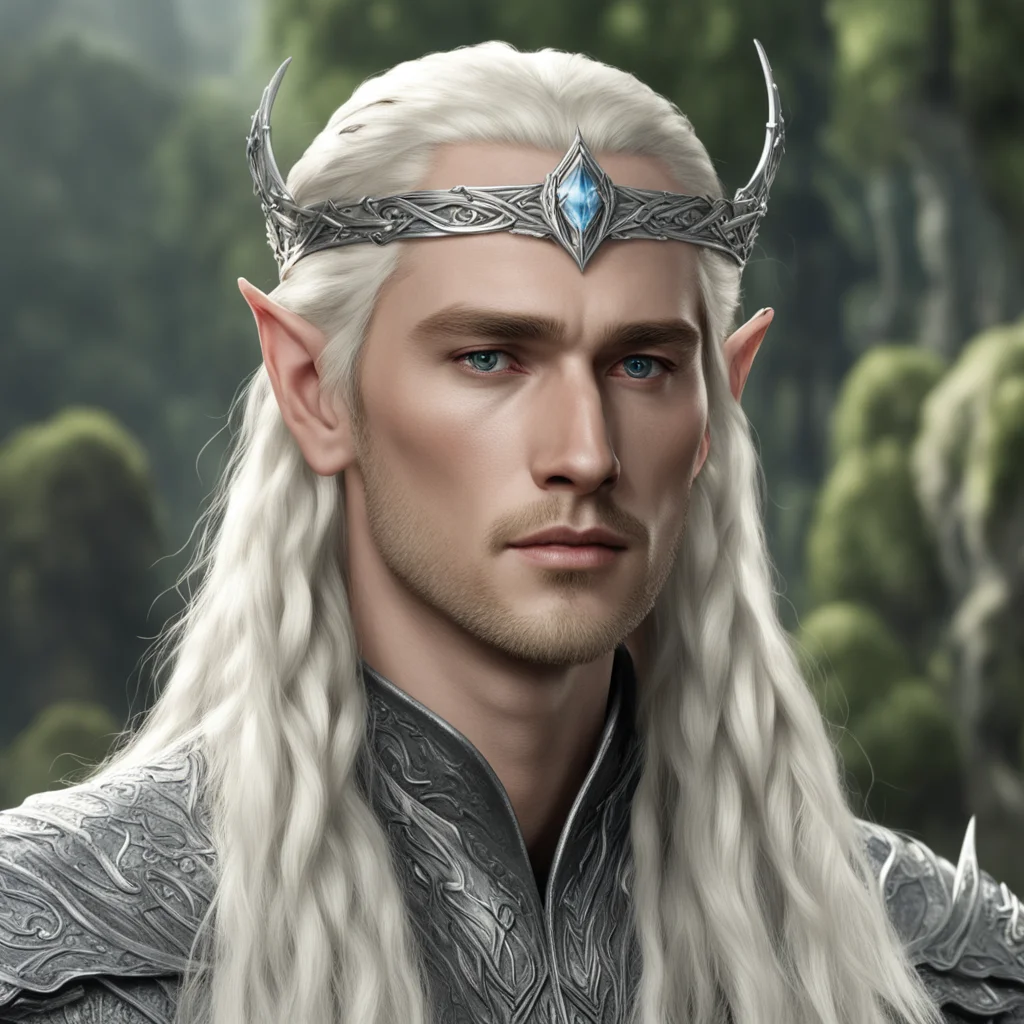 king thranduil with blond hair and braids wearing silver nandorin elvish circlet with center diamond confident engaging wow artstation art 3