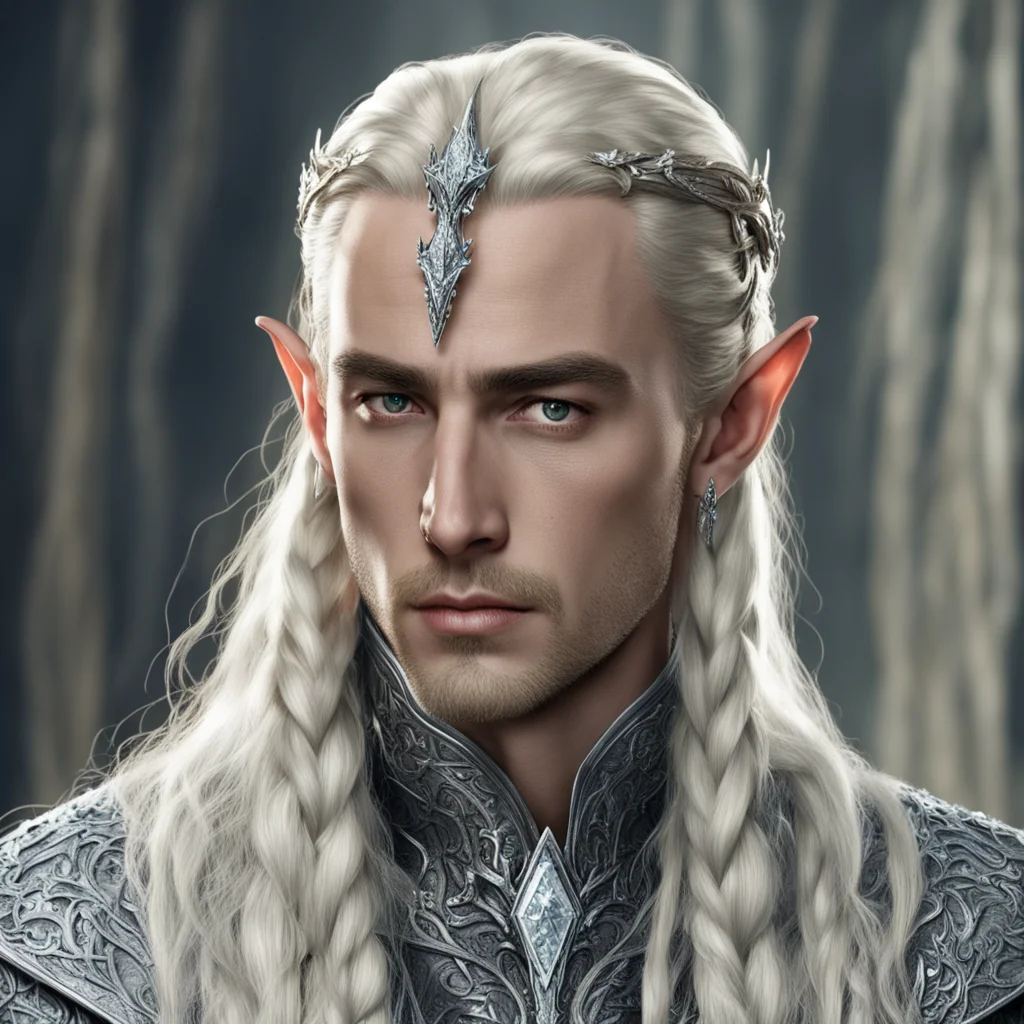 king thranduil with blond hair and braids wearing silver nandorin elvish coroner encrusted with diamonds with large center diamond confident engaging wow artstation art 3