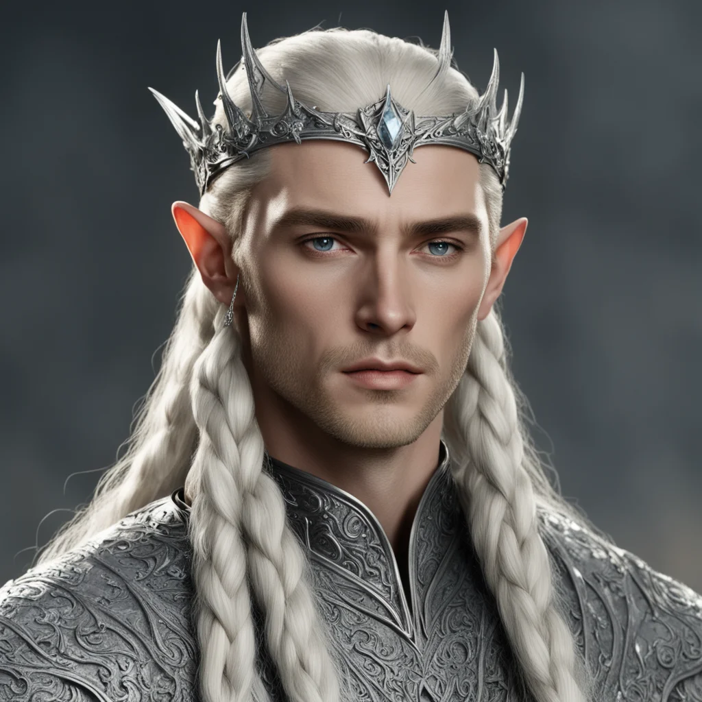 king thranduil with blond hair and braids wearing silver nandorin elvish coroner encrusted with diamonds with large center diamond on circlet confident engaging wow artstation art 3