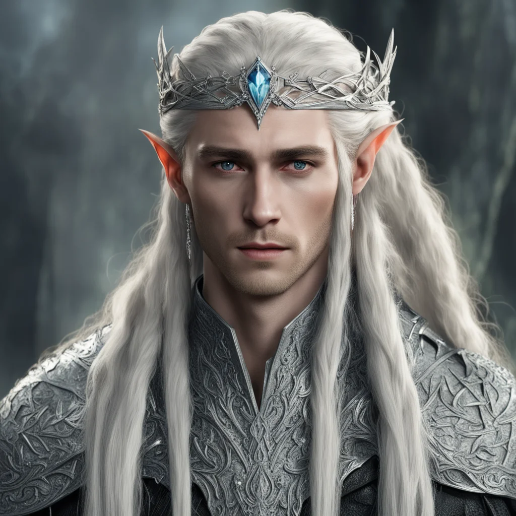 king thranduil with blond hair and braids wearing silver nandorin elvish coroner encrusted with diamonds with large center diamond on circlet