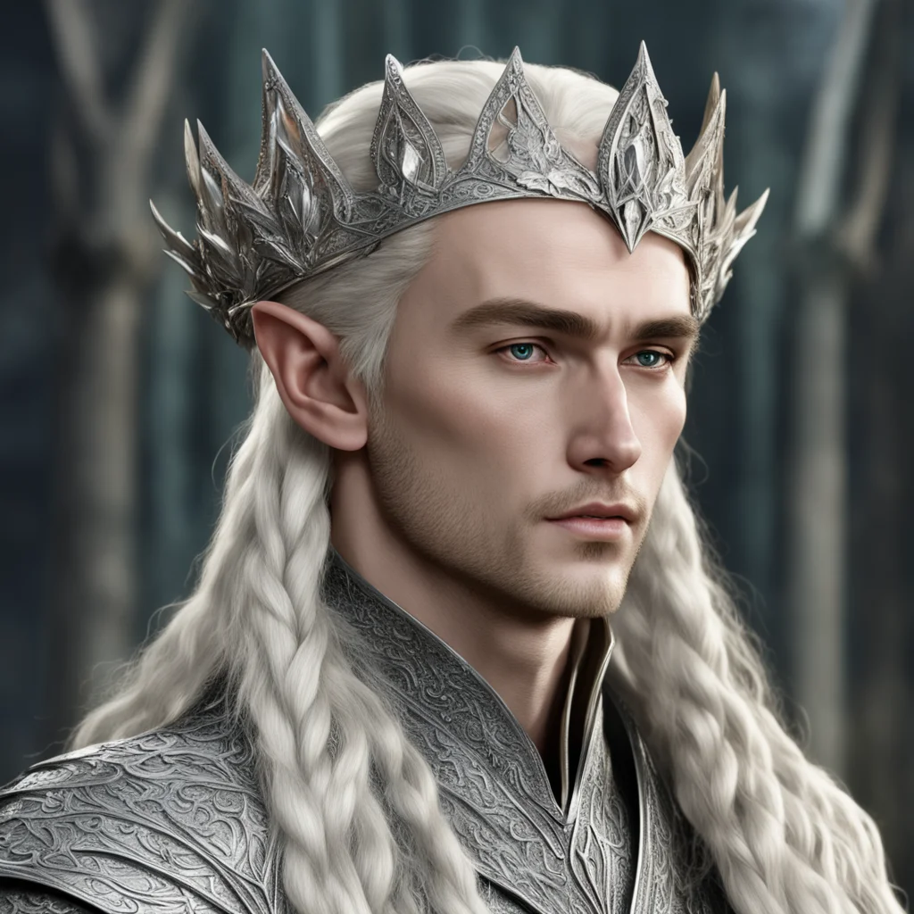 king thranduil with blond hair and braids wearing silver nandorin elvish coronet encrusted with diamonds with large center diamond  amazing awesome portrait 2