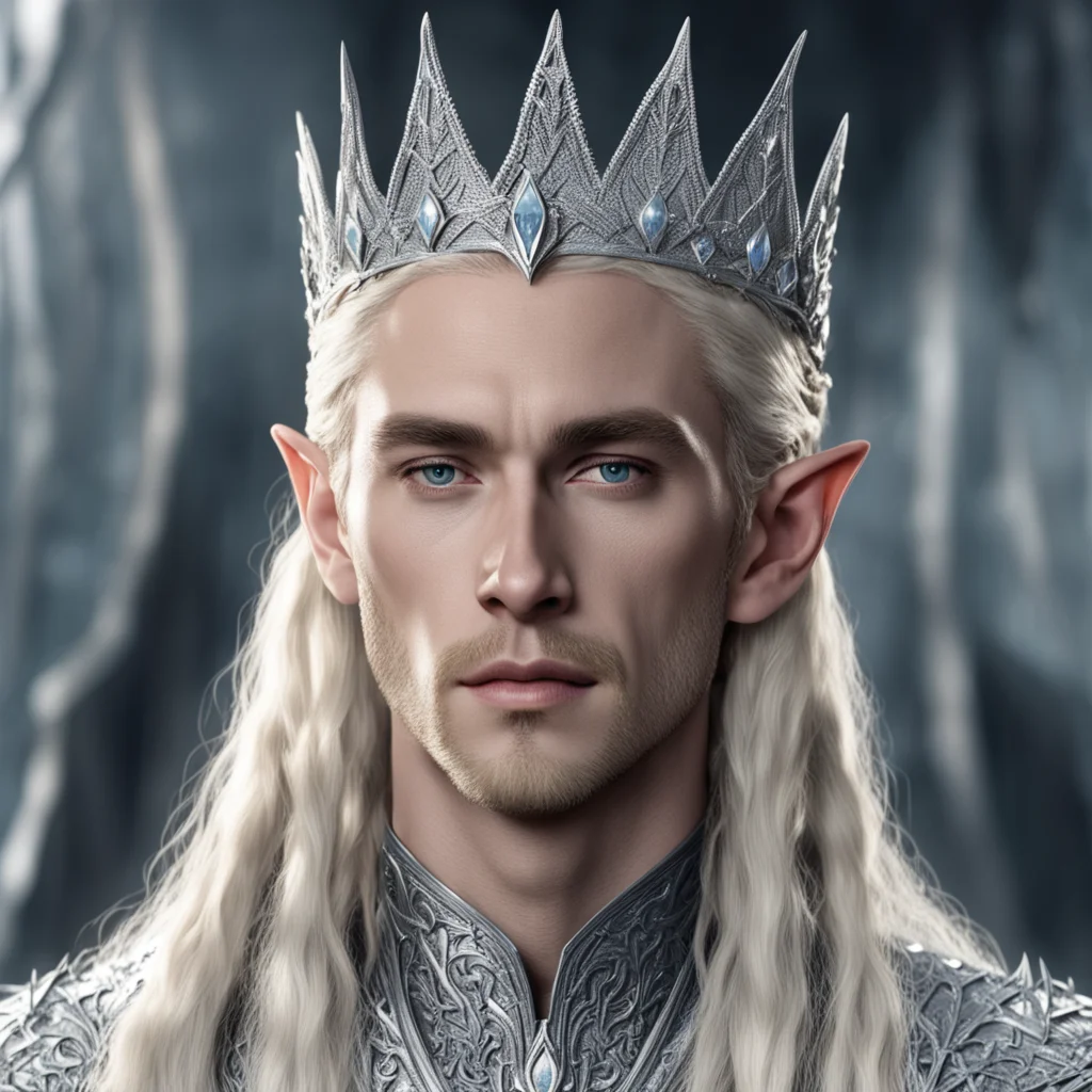 king thranduil with blond hair and braids wearing silver nandorin elvish crown encrusted with diamonds with large center diamond on crown amazing awesome portrait 2