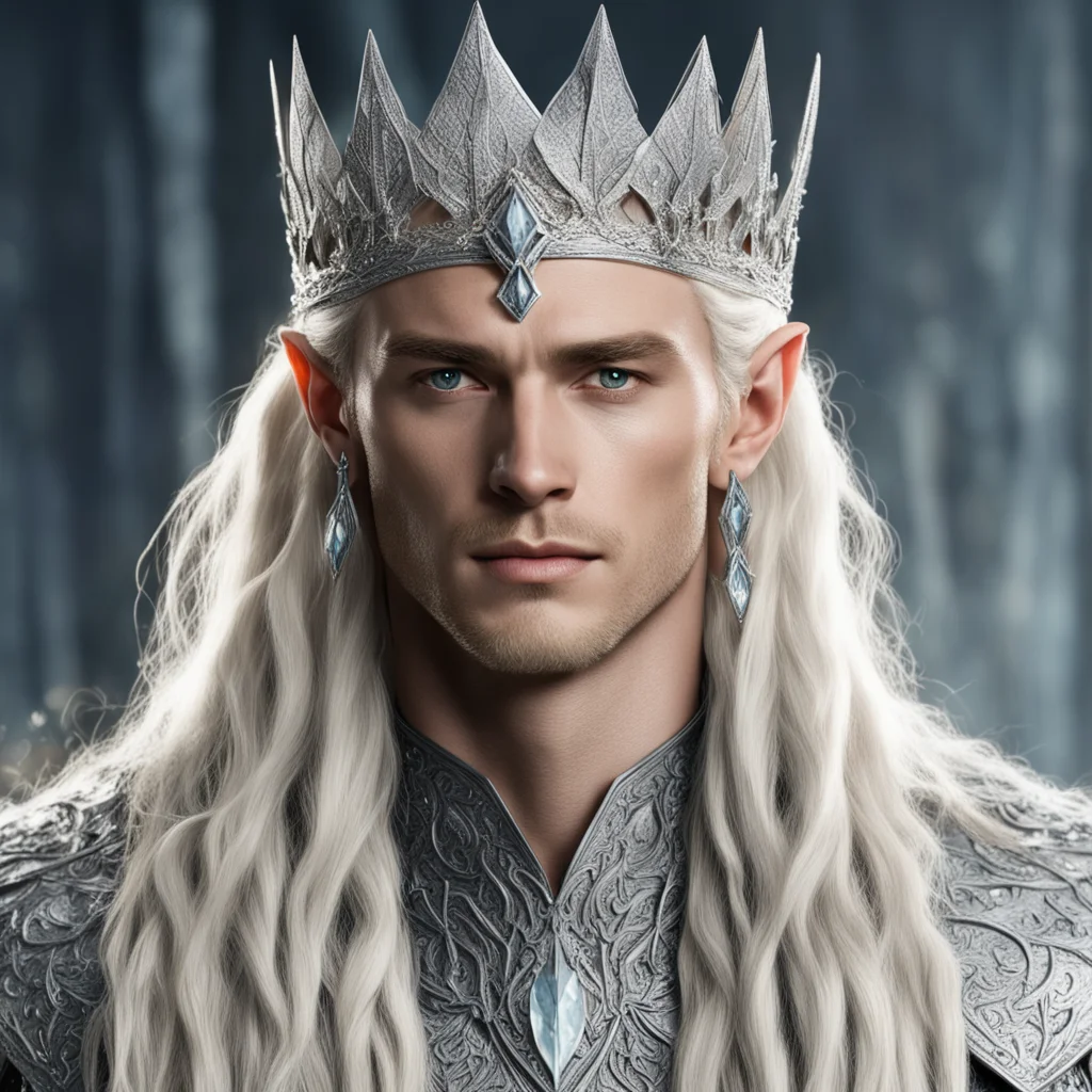 king thranduil with blond hair and braids wearing silver nandorin elvish crown encrusted with diamonds with large center diamond on crown good looking trending fantastic 1