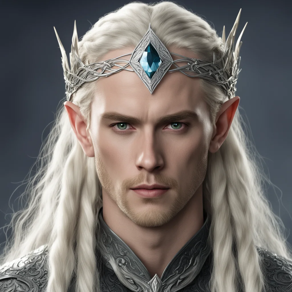 king thranduil with blond hair and braids wearing silver nugget elvish circlet with large center diamond good looking trending fantastic 1