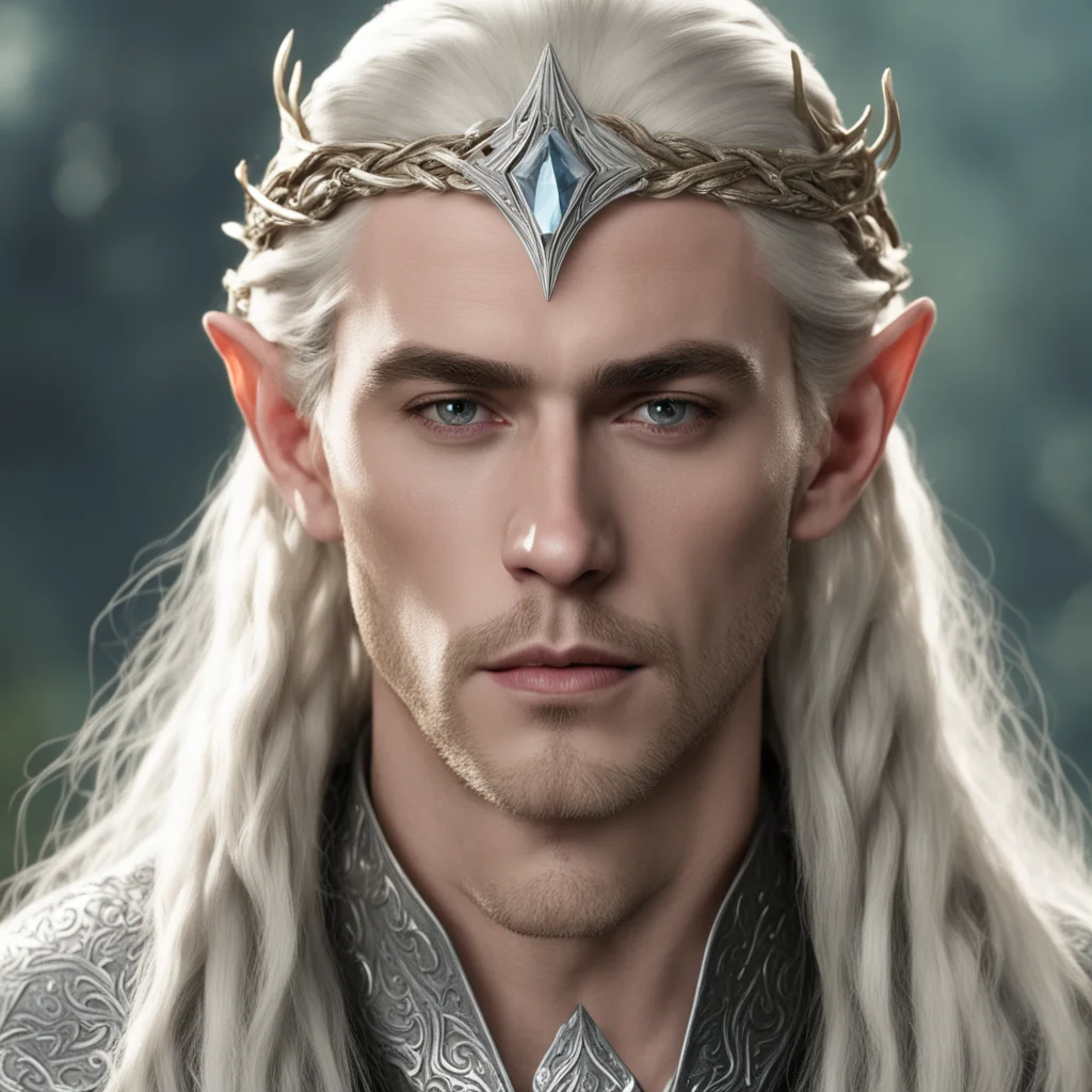 king thranduil with blond hair and braids wearing silver nugget elvish circlet with large center diamond