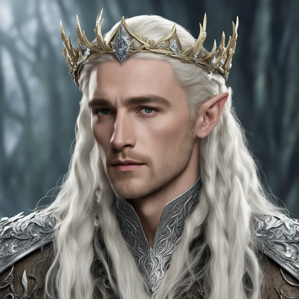 king thranduil with blond hair and braids wearing silver oak leaf and diamond acorn silver elvish circlet encrusted with diamonds with large center diamond  good looking trending fantastic 1