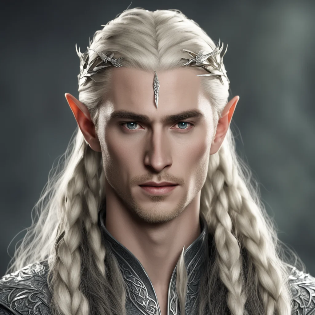 king thranduil with blond hair and braids wearing silver oak leaf and diamond elvish hair forks amazing awesome portrait 2