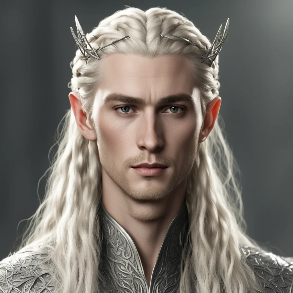 king thranduil with blond hair and braids wearing silver oak leaf and diamond elvish hair forks confident engaging wow artstation art 3
