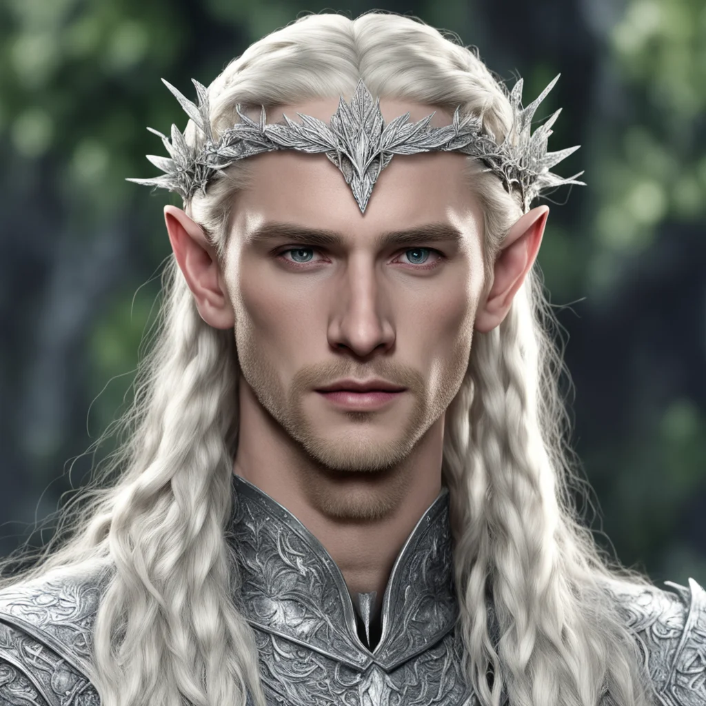king thranduil with blond hair and braids wearing silver oak leaf elvish circlet encrusted with diamonds and large center cluster of diamonds confident engaging wow artstation art 3