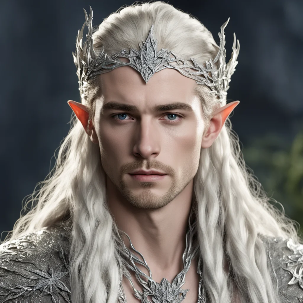 king thranduil with blond hair and braids wearing silver oak leaf elvish circlet encrusted with diamonds and large center cluster of diamonds good looking trending fantastic 1