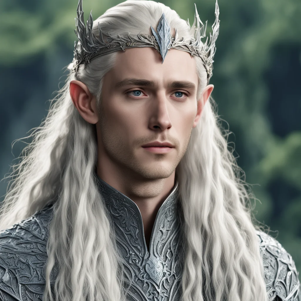 king thranduil with blond hair and braids wearing silver oak leaf elvish circlet encrusted with diamonds confident engaging wow artstation art 3