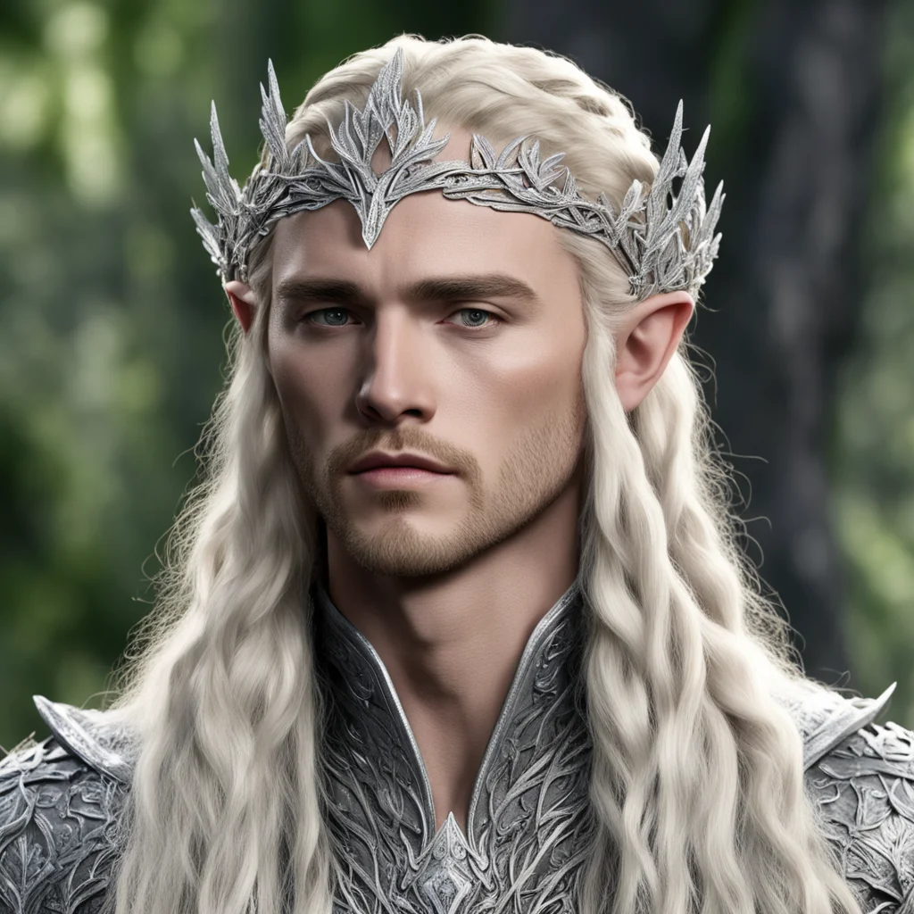 king thranduil with blond hair and braids wearing silver oak leaf elvish circlet encrusted with diamonds with large center diamond confident engaging wow artstation art 3