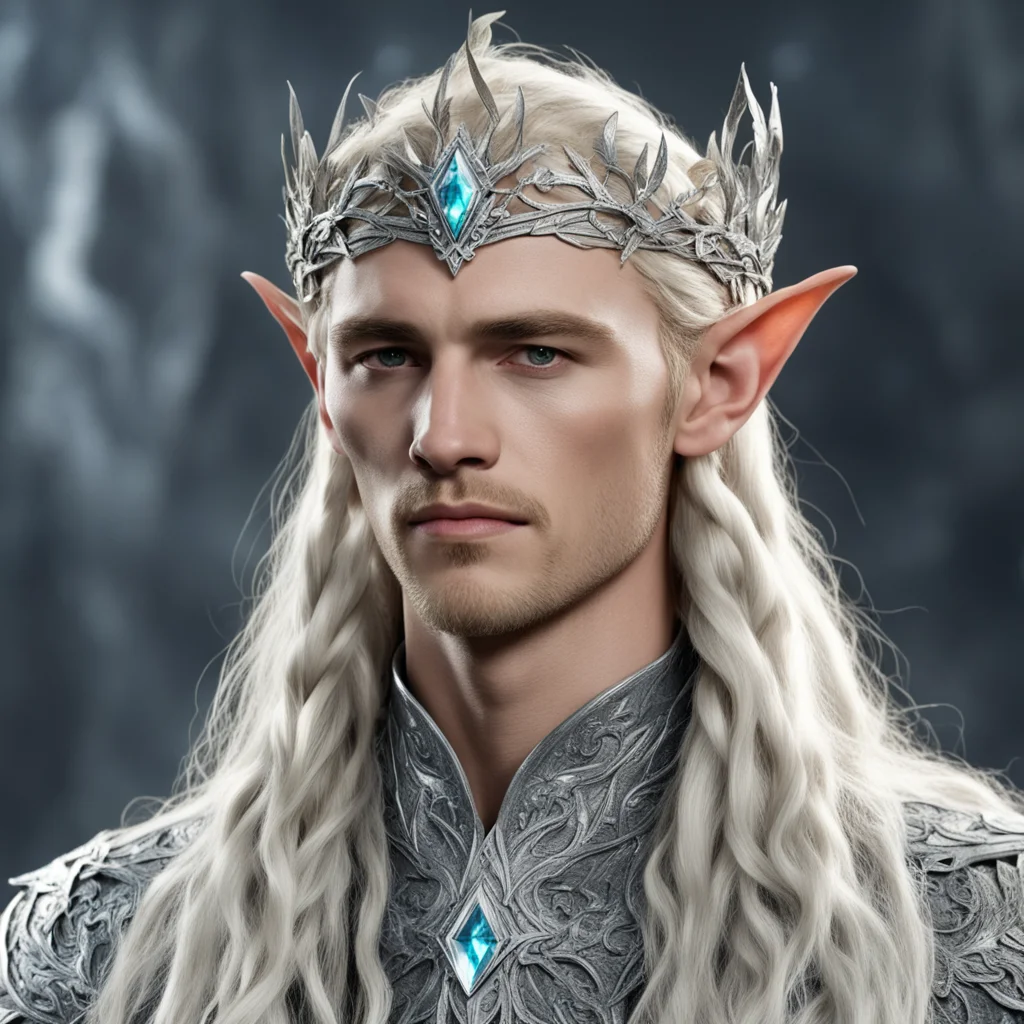 king thranduil with blond hair and braids wearing silver oak leaf elvish circlet encrusted with diamonds with large center diamond good looking trending fantastic 1
