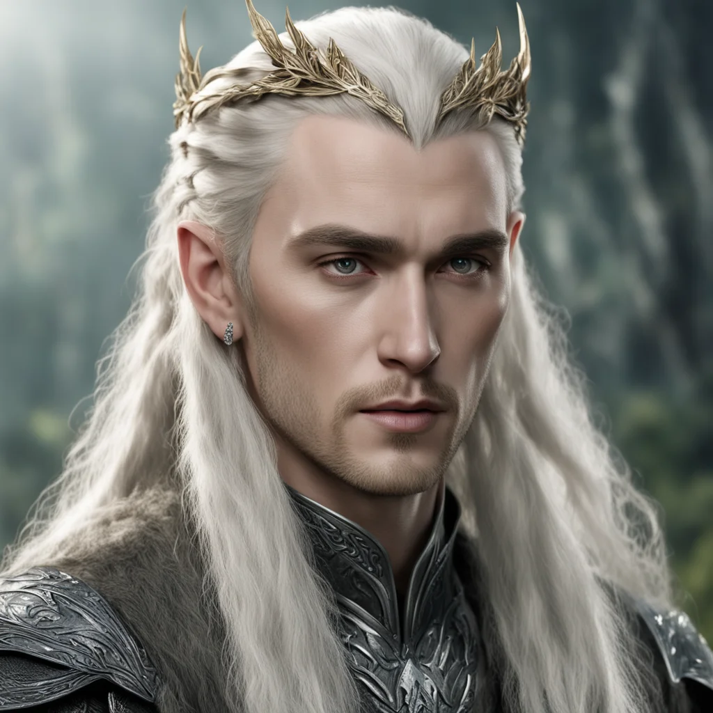 king thranduil with blond hair and braids wearing silver oak leaf elvish hair forks with large diamonds amazing awesome portrait 2