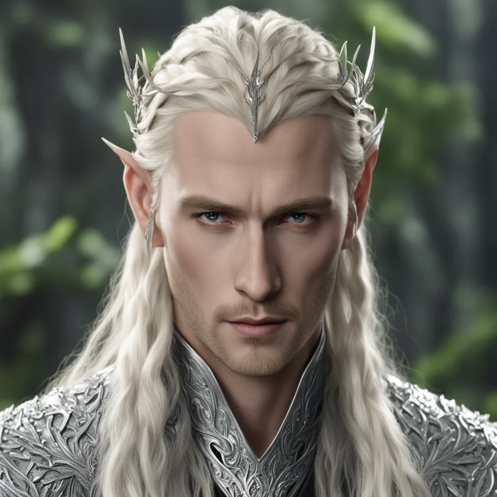 king thranduil with blond hair and braids wearing silver oak leaf elvish hair forks with large diamonds confident engaging wow artstation art 3