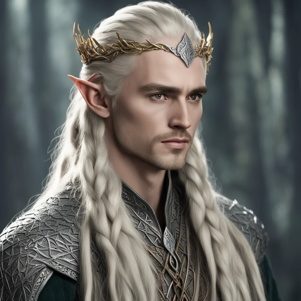 king thranduil with blond hair and braids wearing silver oak leaf elvish hair forks with large diamonds good looking trending fantastic 1