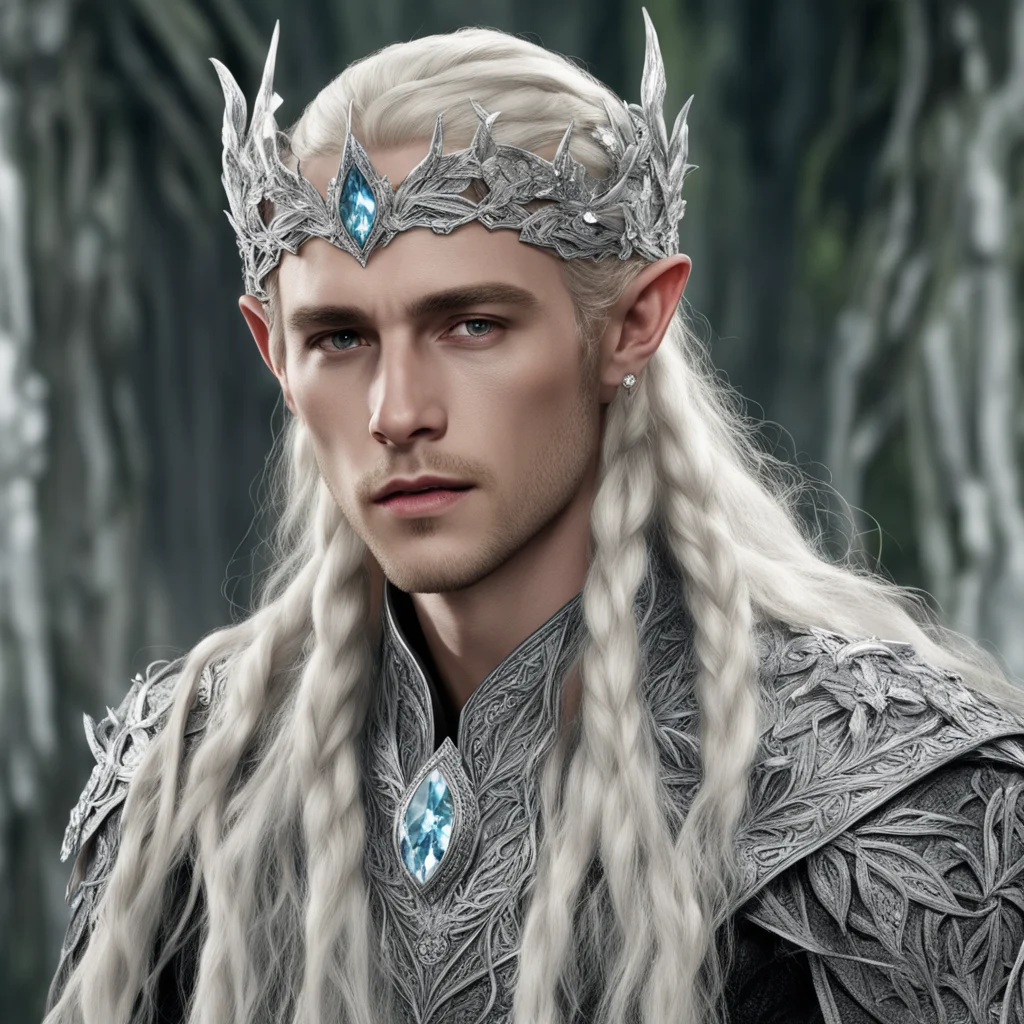 king thranduil with blond hair and braids wearing silver oak leaf silver elvish circlet encrusted with diamonds with large center diamond confident engaging wow artstation art 3