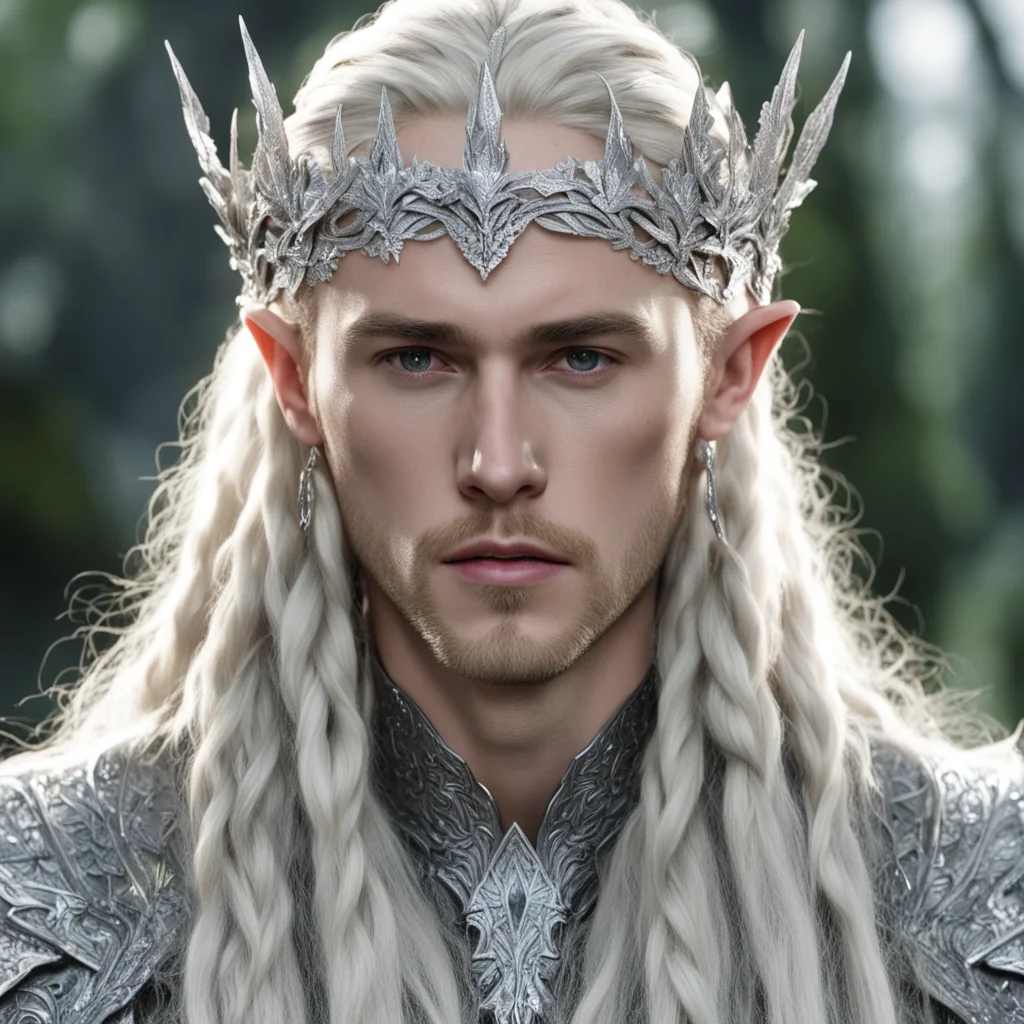king thranduil with blond hair and braids wearing silver oak leaf silver elvish circlet encrusted with diamonds with large center diamond