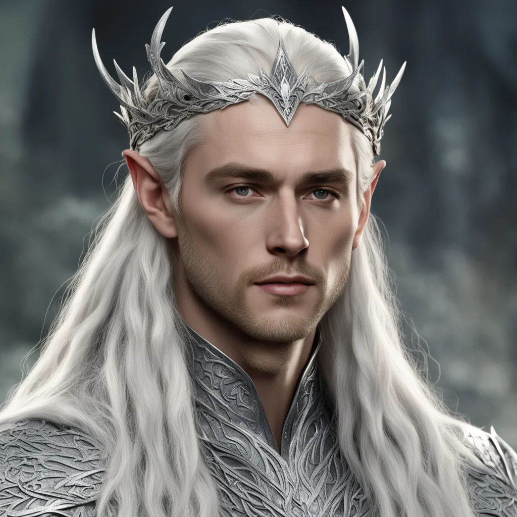 king thranduil with blond hair and braids wearing silver oak leaf silver elvish circlet heavily encouraged with diamonds with large center diamond confident engaging wow artstation art 3