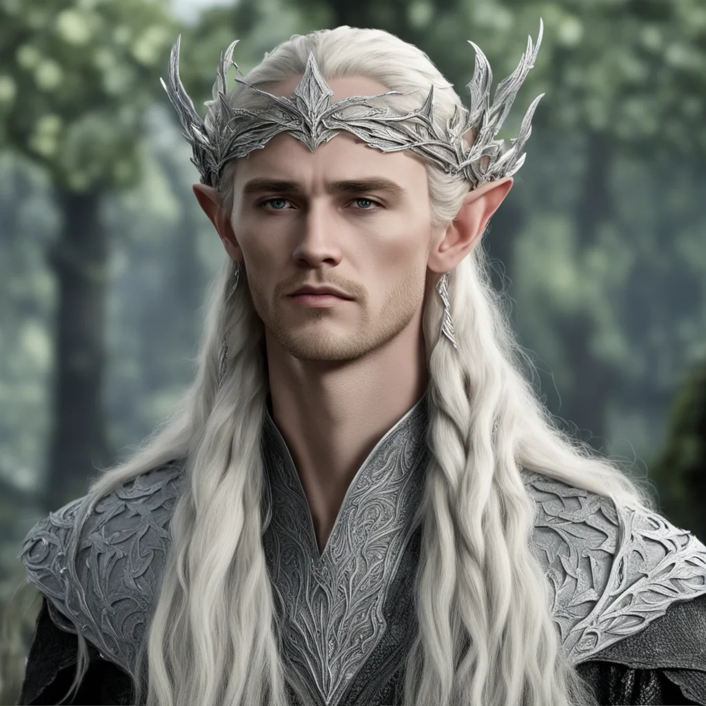 king thranduil with blond hair and braids wearing silver oak leaf silver elvish circlet heavily encouraged with diamonds with large center diamond