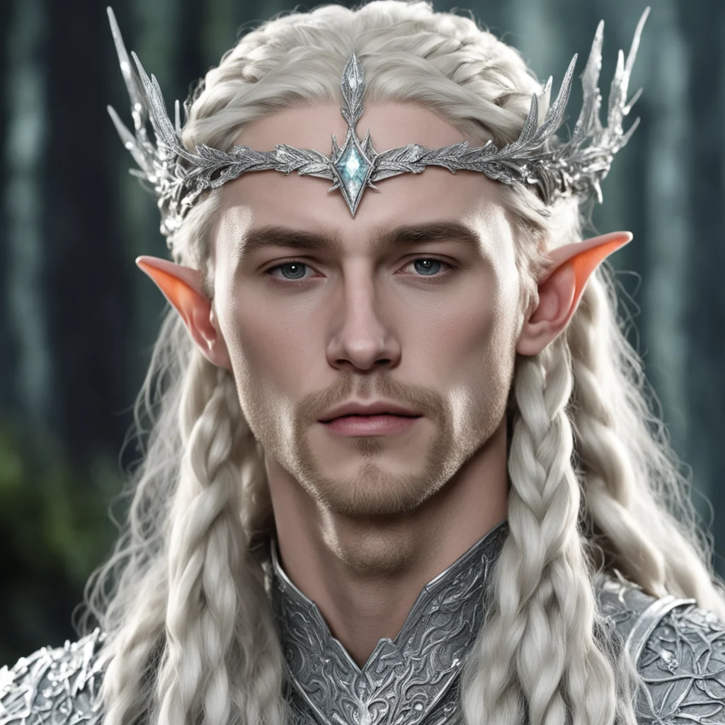 king thranduil with blond hair and braids wearing silver oak leaf silver elvish circlet heavily encrusted with diamonds with large center diamond amazing awesome portrait 2