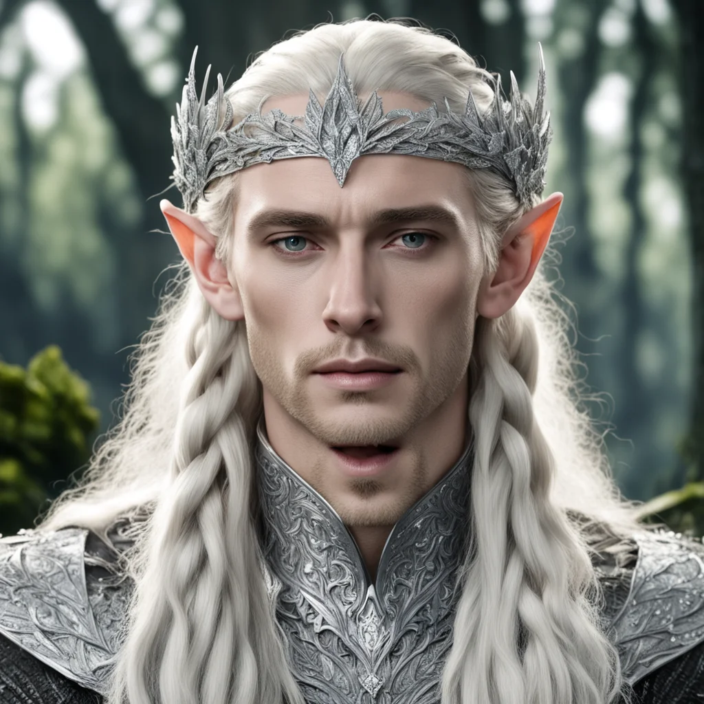 king thranduil with blond hair and braids wearing silver oak leaf silver elvish circlet heavily encrusted with diamonds with large center diamond confident engaging wow artstation art 3
