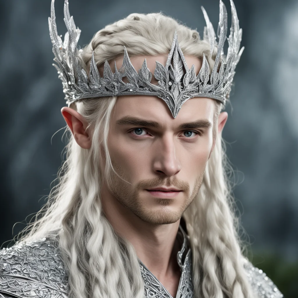 king thranduil with blond hair and braids wearing silver oak leaf silver elvish circlet heavily encrusted with diamonds with large center diamond