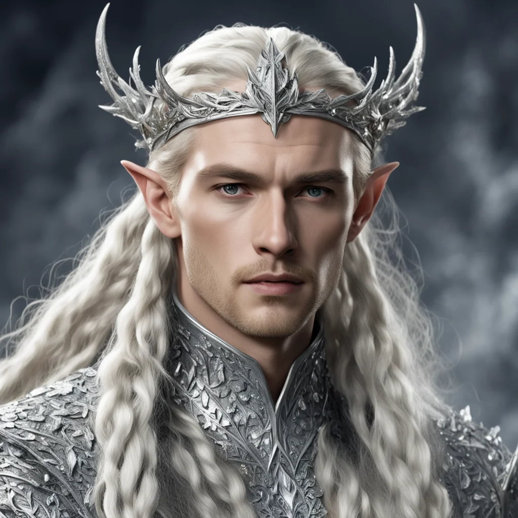 king thranduil with blond hair and braids wearing silver oak leaf silver elvish circlet heavily encrusted with large diamonds with large center diamond  amazing awesome portrait 2